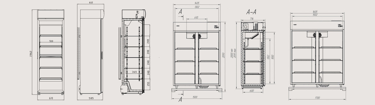 Чертеж холодильного шкафа со стеклянными раздвижными дверями-купе для магазинов, ресторанов, кафе, фаст-фудов: Torino — РОСС