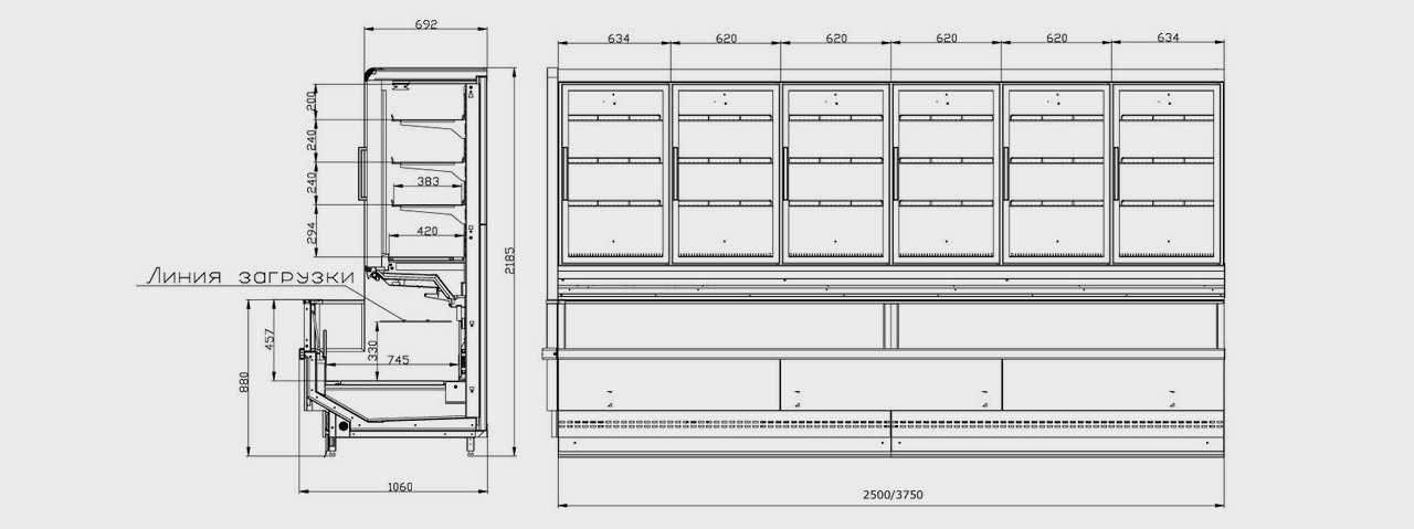 Чертеж-схема низкотемпературного шкафа-боннета Milano — РОСС